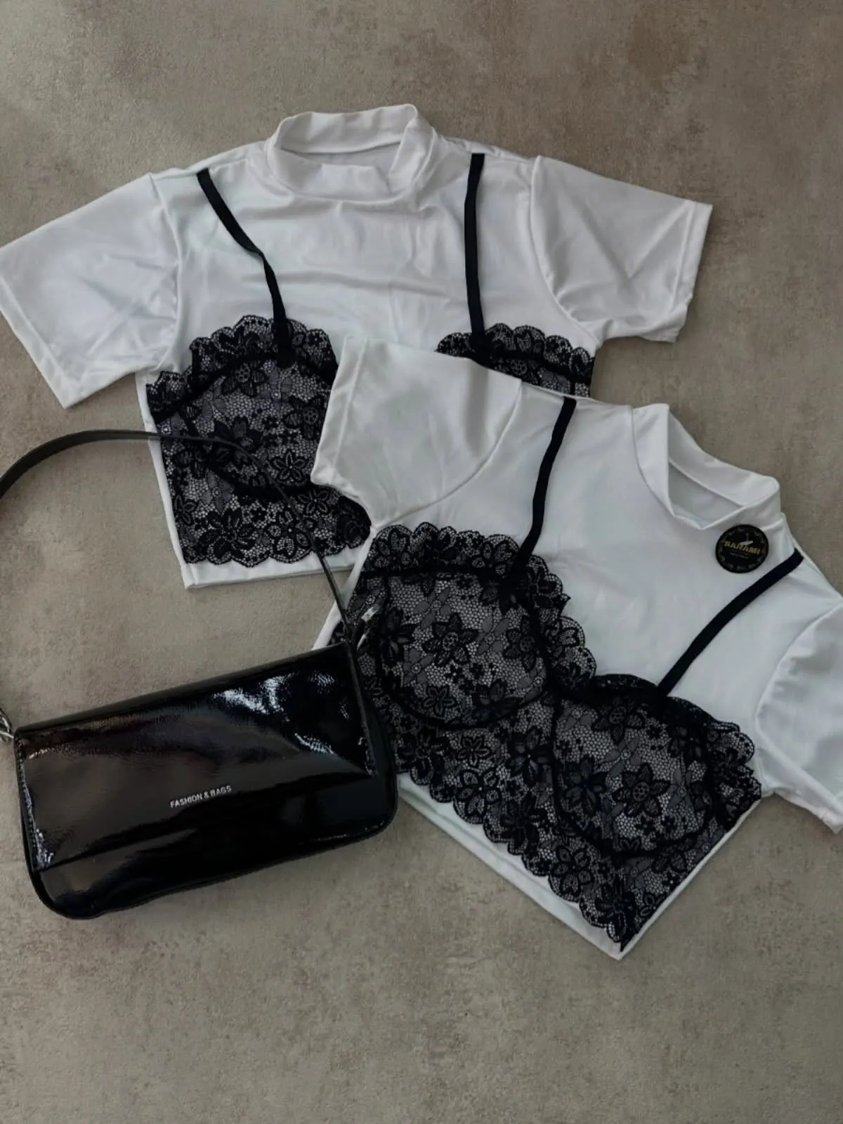 Conjuntos de encaje negro y blanco con bolso, listos para despachar